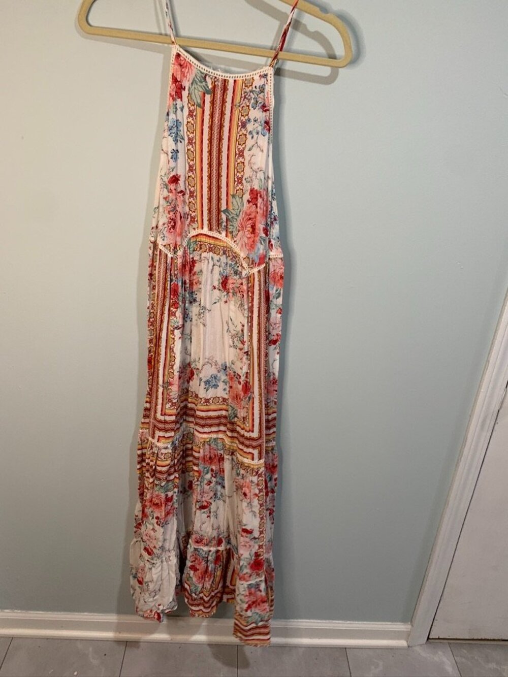 Xhilaration Boho Maxi Dress Floral Striped Tassel Tie Sleeveless Size M